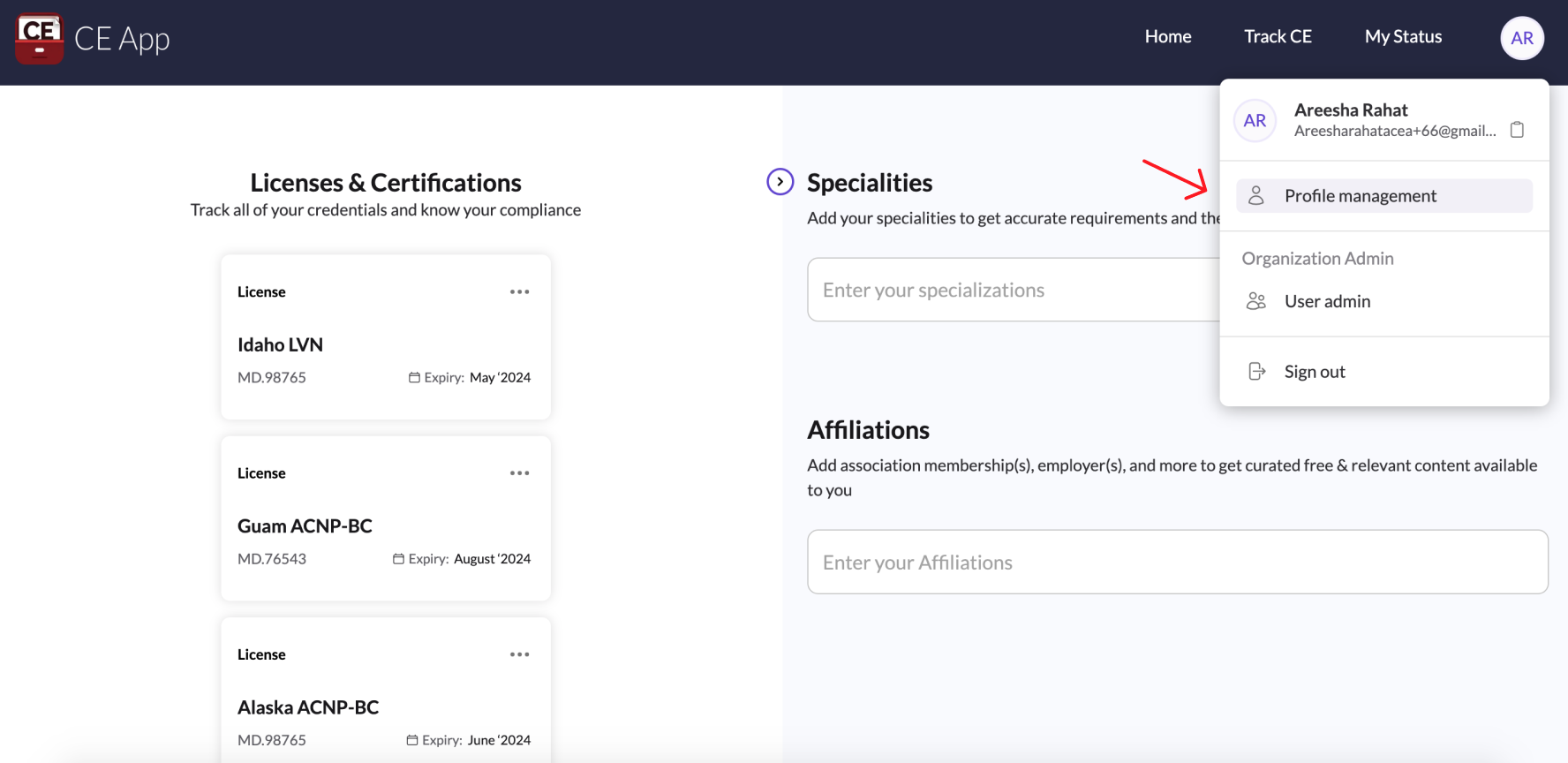 Update Your Licenses or Credentials - CE App Guide